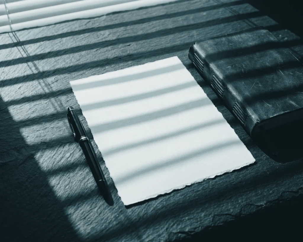 Fountain pen and a blank sheet of paper on a slate desk in window light