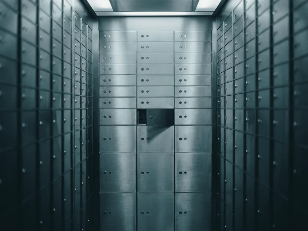 A wall of safe deposit boxes in a bank vault, one door slightly open